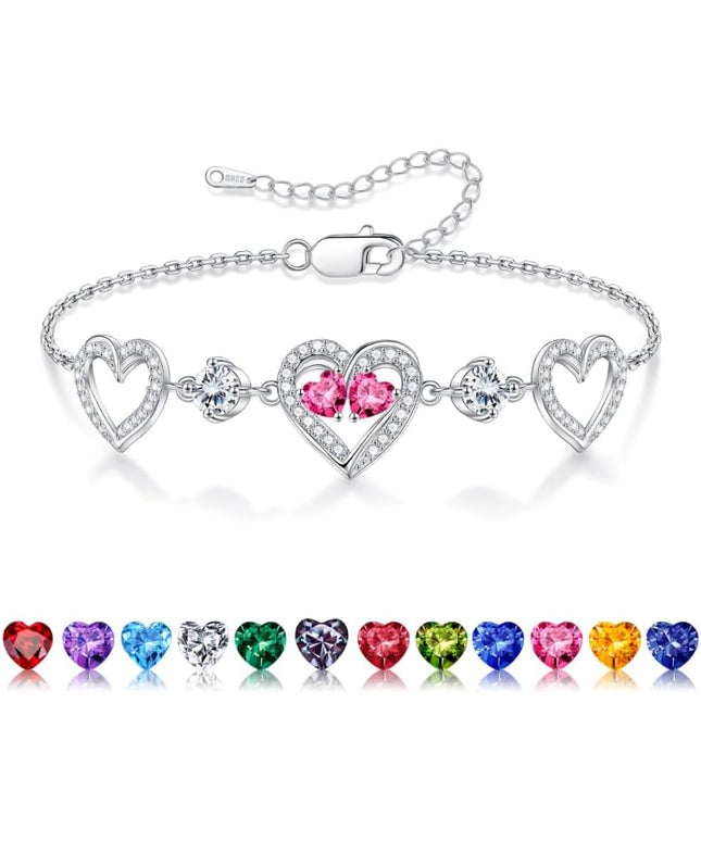 Iefil Valentines Day Gifts for Her - 925 Sterling Silver Heart Birthstone Bracelet Birthday Anniversary Jewelry Gifts for Her Wife