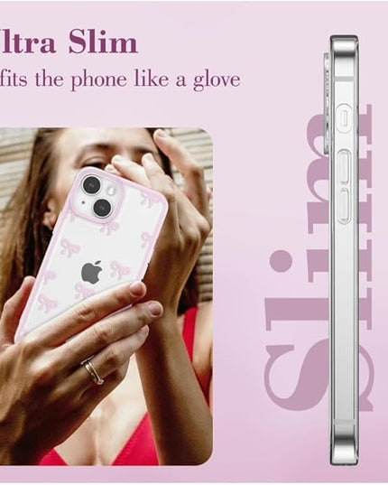 Designed for iPhone Case,Clear Cute Ribbon Bowknot Pattern Aesthetic Transparent Phone Case Raised Camera Protection Stylish Slim Soft Phone Case (Pink,iPhone 15 Pro Max)