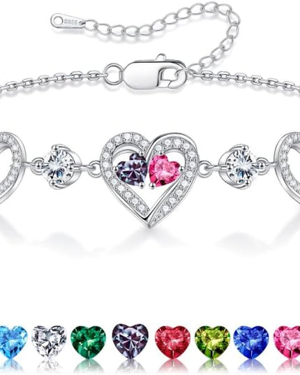 Iefil Valentines Day Gifts for Her - 925 Sterling Silver Heart Birthstone Bracelet Birthday Anniversary Jewelry Gifts for Her Wife