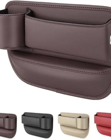 Car Leather Cup Holder Gap Bag,2025 Upgrade Car Storage Box with Cup Holder,Seat Storage Box Gap Filler Organizer for Glasses Phone Keys and Cards (Brown, Driver's Seat)