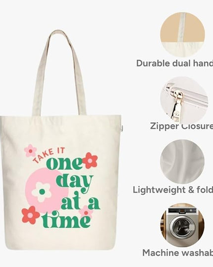 Ecoright Tote Bag for Women with Zipper, Small Tote Bag, Canvas Bag, Reusable Cotton Bag for Beach, Grocery, School & Work