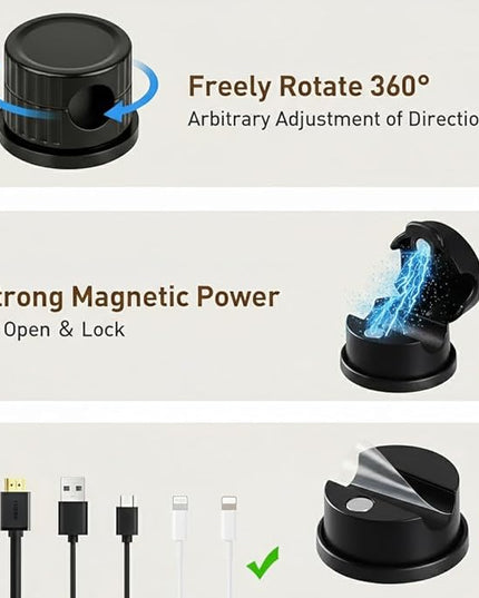 Magnetic Cable Organizer 8-Pack Glossy Black - Rotating Magnetic Clip Cord Keeper for Desk, Nightstand & Car - Adhesive Management System for USB & Power Wires