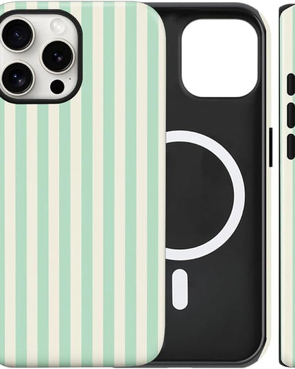 Magnetic for iPhone 14 Pro Max Case Cute Stripes Phone Case, Shockproof Slim TPU and Hard PC Protective Phone Cover Compatible with MagSafe Designed for Women Girls, Light Green