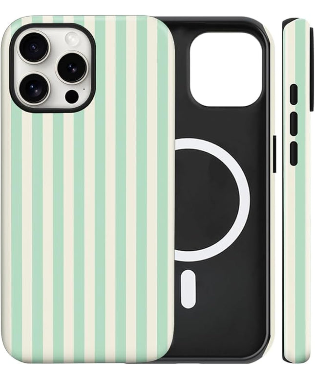Magnetic for iPhone 13 Pro Max Case Cute Stripes Phone Case, Shockproof Slim TPU and Hard PC Protective Phone Cover Compatible with MagSafe Designed for Women Girls, Light Green