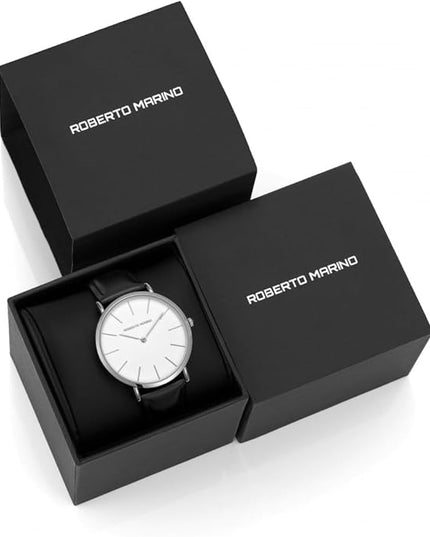 Roberto Marino RM1423 Men’s Luxury Watch – Japanese Quartz, Leather Strap, White Dial, 3 ATM Water Resistant
