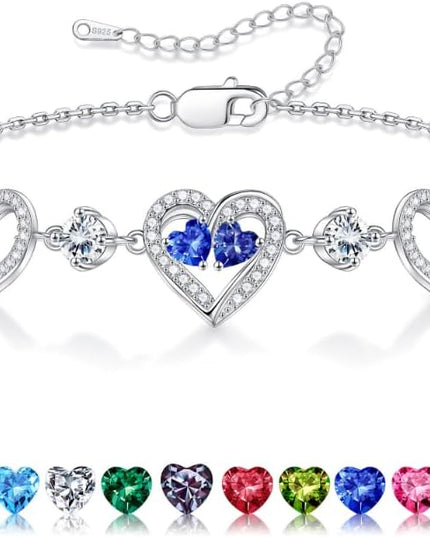 Iefil Valentines Day Gifts for Her - 925 Sterling Silver Heart Birthstone Bracelet Birthday Anniversary Jewelry Gifts for Her Wife