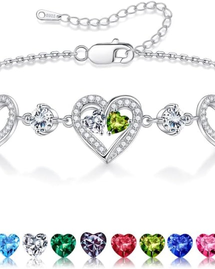 Iefil Valentines Day Gifts for Her - 925 Sterling Silver Heart Birthstone Bracelet Birthday Anniversary Jewelry Gifts for Her Wife