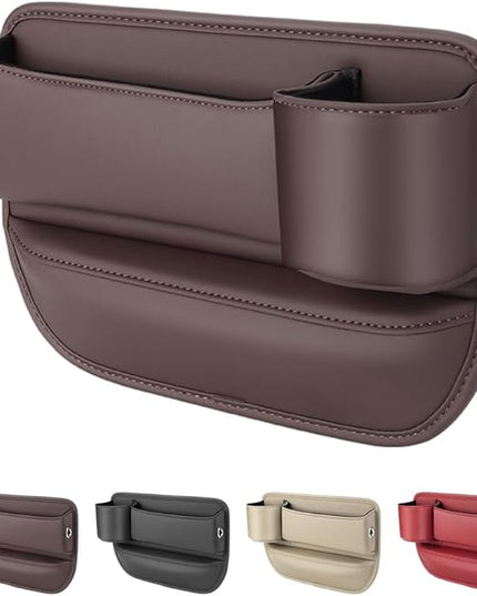 Car Leather Cup Holder Gap Bag,2025 Upgrade Car Storage Box with Cup Holder,Seat Storage Box Gap Filler Organizer for Glasses Phone Keys and Cards (Brown, Passenger Seat)