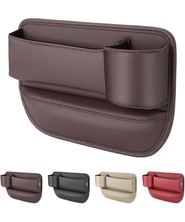 Car Leather Cup Holder Gap Bag,2025 Upgrade Car Storage Box with Cup Holder,Seat Storage Box Gap Filler Organizer for Glasses Phone Keys and Cards (Brown, Passenger Seat)