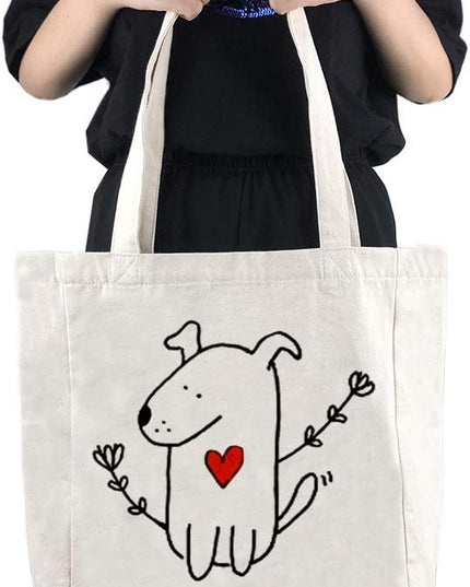 Canvas Tote Bag with 3 Inner Pocket Cotton Heavy Duty Gusseted Shopping Bag for Weekend Overnight School Book (Cute Dog)