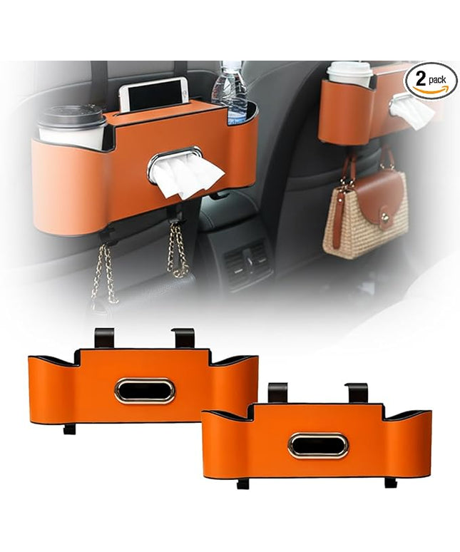 3-in-1 Car Backseat Organizer, 2026 New Multifunctional Back Seat Car Organizer with Cup Holder, Tissue Box, Trash Bin & Hooks for Hold Phones, Snacks, Drinks, Handbags (2, Orange)