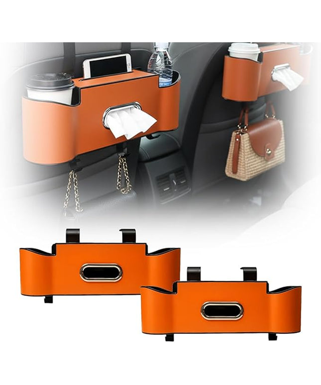 3-in-1 Car Backseat Organizer with Cup Holder, 2026 New Car Storage Box with Hooks, Multifunctional Car Back Seat Organizer with Tissue Box, Car Storage Box for Holding Snacks and Drinks (Orange 2Pcs)