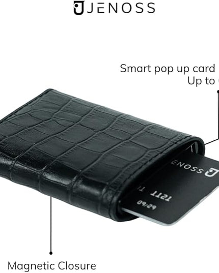 Jenoss Smart Wallet For Men: Full Grain Leather, Handcrafted, Slide Metal Pop Up Case, Slim RFID Blocking Credit Card Holder, Minimalist, Compact, 6-8 Cards Organizers, Front Pocket, Money Clip (Navy)