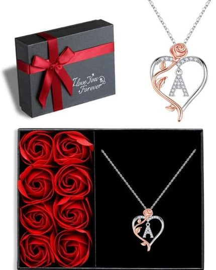 Iefil Christmas Gifts for Women Wife - 925 Sterling Silver Rose Heart Initial Necklace, Anniversary Birthday Gifts for Women, Jewelry Gift for Her Wife Girlfriend Mom Daughter