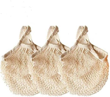 3 pack Reusable Grocery Bags Cotton Net Shopping Tote Ecology Market String Bag Mesh Beach Bags Produce Vegetable Bags (Beige)