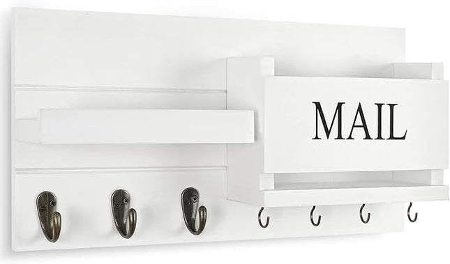 Lwenki Mail Organizer for Wall Mount – Key Holder with Shelf Includes Letter Holder and Hooks for Hallway Farmhouse Decor – Rustic Wood with Flush Mounting Hardware (16.5” x 9.1” x 3.4”) (White)