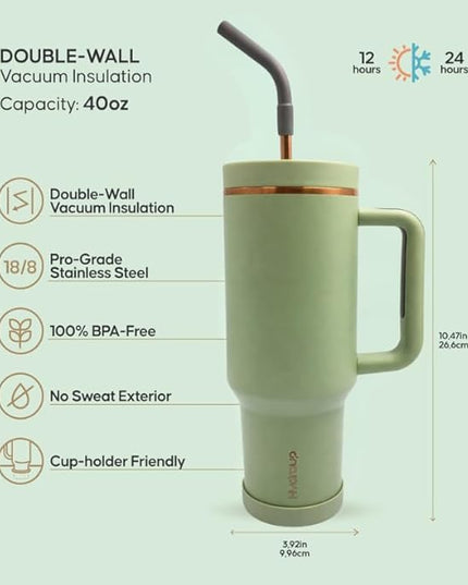40oz Travel Tumbler Cup with Handle, Two-Way Slider Lid, Stainless Steel Straw with Silicone Tip, Vacuum Insulated Water Bottle for Hot & Cold Drinks, Great Gifts for Mom (Green Gold)