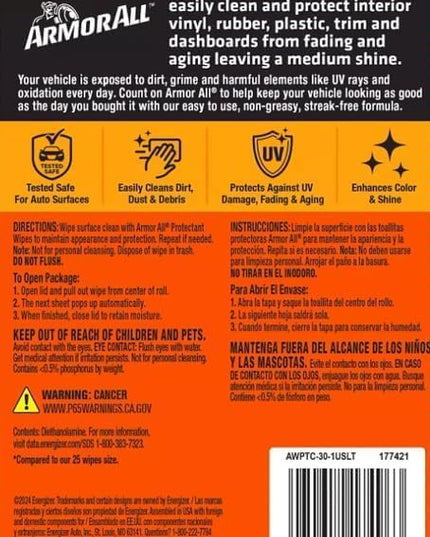 Armor All Original Protectant Wipes,Car Interior Cleaner Wipes with UV Protection to Fight Cracking & Fading,30 Count (Pack of 4)
