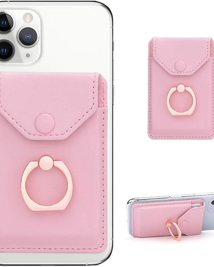 Cell Phone Card Holder RFID Ring Stand Stick on Wallet Card Holder for Back of Phone iPhone Android and All Smartphones Adhesive Credit Card Holder Pink