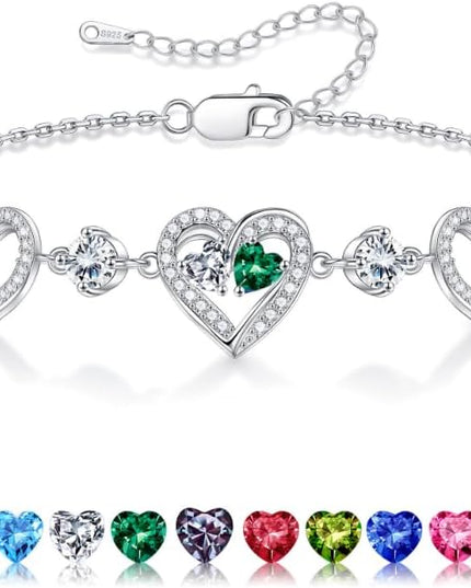 Iefil Valentines Day Gifts for Her - 925 Sterling Silver Heart Birthstone Bracelet Birthday Anniversary Jewelry Gifts for Her Wife