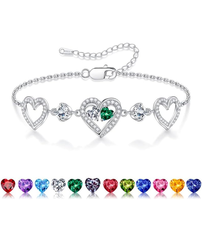 Iefil Valentines Day Gifts for Her - 925 Sterling Silver Heart Birthstone Bracelet Birthday Anniversary Jewelry Gifts for Her Wife