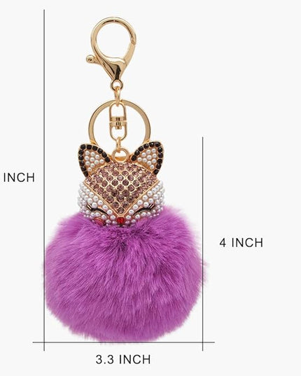 Faux Rabbit Fur Ball Pom Pom Keychain with Fox Head Studded with pearl Rhinestone for Womens Bag Car Key Decoration