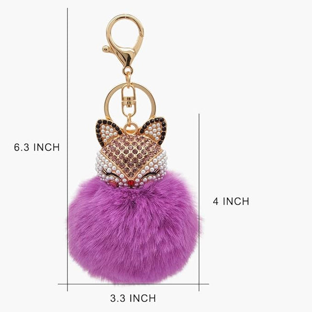 Faux Rabbit Fur Ball Pom Pom Keychain with Fox Head Studded with pearl Rhinestone for Womens Bag Car Key Decoration