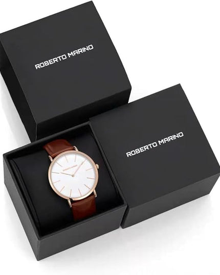 Roberto Marino RM1423 Men’s Luxury Watch – Japanese Quartz, Leather Strap, White Dial, 3 ATM Water Resistant