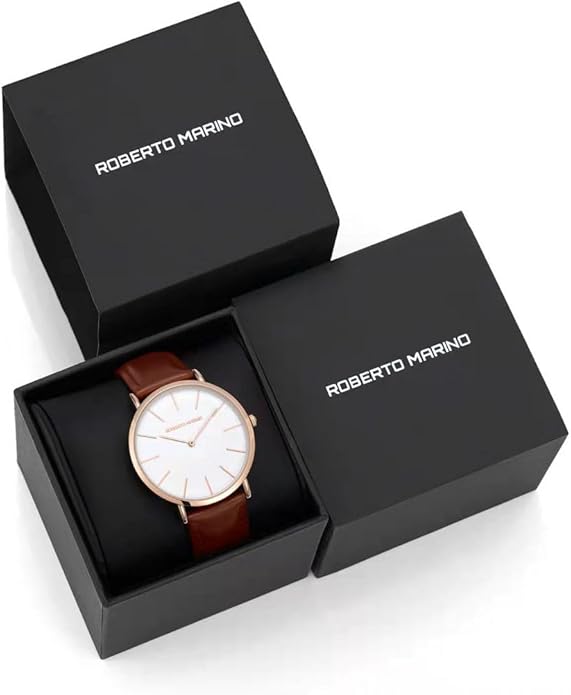 Roberto Marino RM1423 Men’s Luxury Watch – Japanese Quartz, Leather Strap, White Dial, 3 ATM Water Resistant
