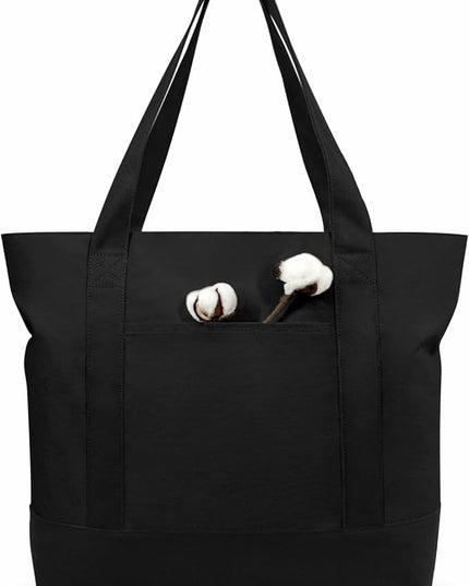 TOPDesign 1-Pack Canvas Tote Bag with an External Pocket, Reusable Grocery Shopping Bag, Top Zipper Closure, Daily Essentials (Black)