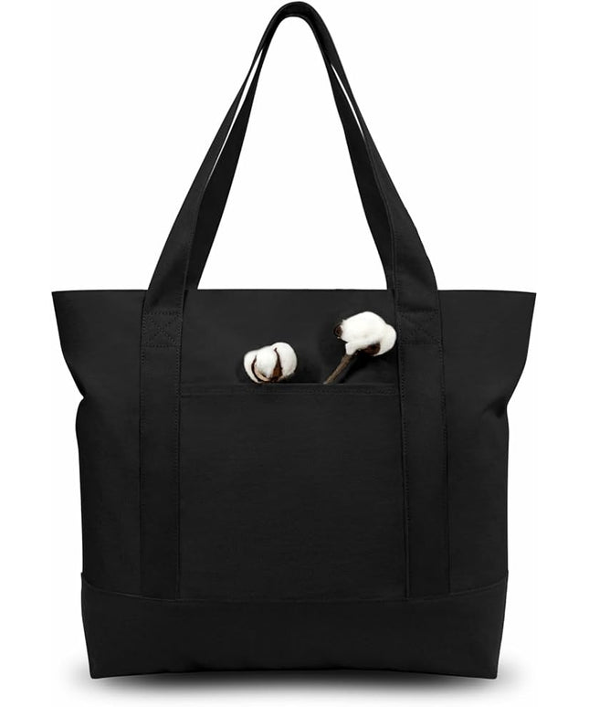 TOPDesign 1-Pack Canvas Tote Bag with an External Pocket, Reusable Grocery Shopping Bag, Top Zipper Closure, Daily Essentials (Black)