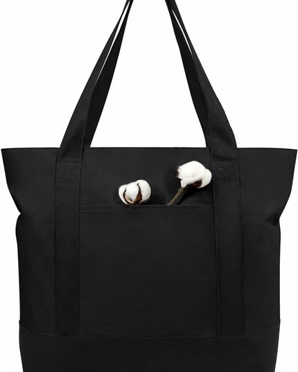 TOPDesign 3-Pack Canvas Tote Bags with an External Pocket, Reusable Grocery Shopping Bags, Top Zipper Closure, Daily Essentials (Black)