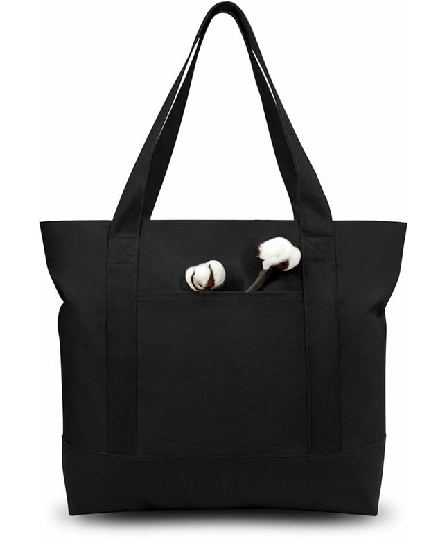 TOPDesign 3-Pack Canvas Tote Bags with an External Pocket, Reusable Grocery Shopping Bags, Top Zipper Closure, Daily Essentials (Black)