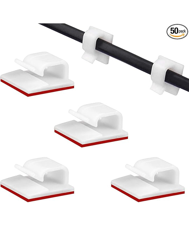 SOULWIT 50 Pcs Self Adhesive Cable Management Clips, Cable Organizers Sticky Wire Clips Cord Holder for TV PC Laptop Ethernet Cable Desktop Home Office (White)
