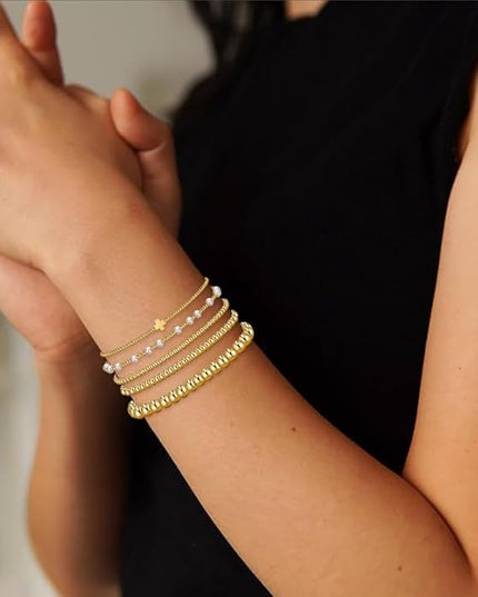 Gold Beaded Bracelets for Women, 14K Real Gold Plated Jewelry for Women Dainty Pearl Bead Bracelets Stack, Non Tarnish Trendy Stackable Ball Cross Stretch Bracelet Set Fashion Accessories Gifts