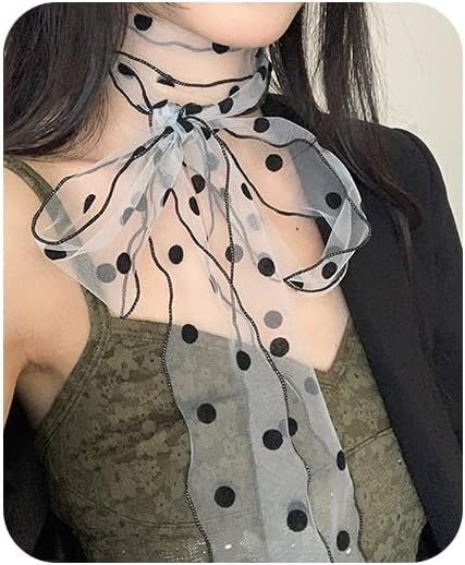 Bohemian Polka Dots Scarf for Women Delicate Lace Long Wrap Choker Necklace Graceful Ribbon Tie Neckerchief Layered Sweet Spicy Choker Fashion Soft Gauze Necklace Jewelry Gift