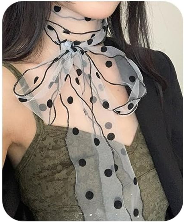 Bohemian Polka Dots Scarf for Women Delicate Lace Long Wrap Choker Necklace Graceful Ribbon Tie Neckerchief Layered Sweet Spicy Choker Fashion Soft Gauze Necklace Jewelry Gift