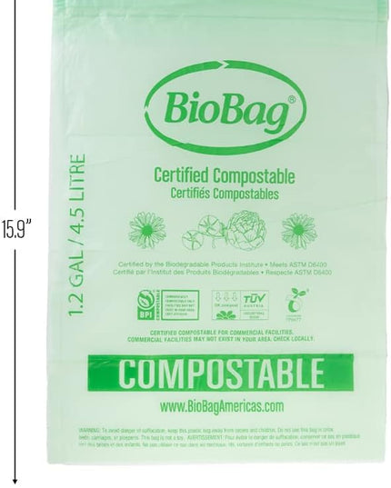 1.2 Gallon Compostable Drawstring Food Scrap Bags by BioBag, 80 Count, BPI Certified, Meets ASTM D6400 Standards, Made in USA, Kitchen Counter Bin Liners