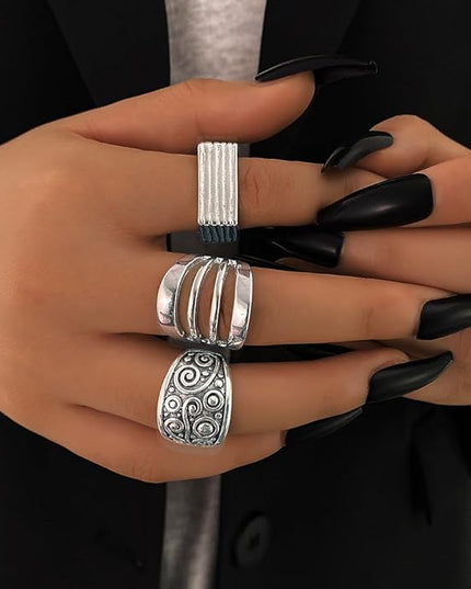 KISS WIFE Cool Rings Set for Women, Vintage Silver Punk Rings Bulk, Gothic Chunky Knuckle Emo Stackable Finger Ring Pack Western Jewelry Gift for Her