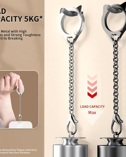 Metal Cat Head Phone Finger Grip Ring Chain Lanyard Keychain Holder Heavy Duty 5KG Capacity Anti-Loss Strap Anti Theft for All Phones Keys Earbuds USB Drives with Stainless Steel Clip Tether Silver