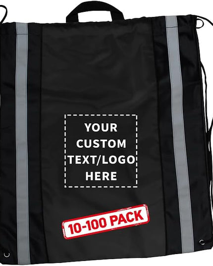 DISCOUNT PROMOS Custom Classic Polyester Drawstring Backpack Set of 10/50/100, Personalized Bulk Pack - Great for Travelling, Gym and for Everyday Use - Black