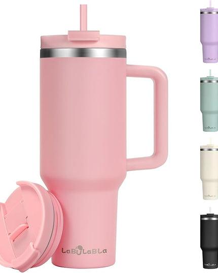 40oz Tumbler with Handle,Double Wall Vacuum Reusable Stainless Steel Insulated Water Bottle,With Leak Proof lid and Straw for Iced or Cold Beverages (light pink)