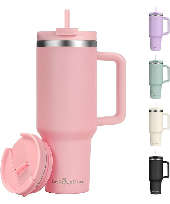 40oz Tumbler with Handle,Double Wall Vacuum Reusable Stainless Steel Insulated Water Bottle,With Leak Proof lid and Straw for Iced or Cold Beverages (light pink)