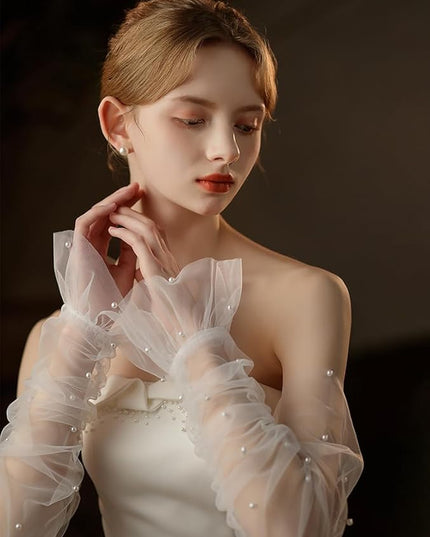 Women's Long Bridal Wedding Tulle Glove Mesh Fingerless Gloves Pearl 1920 Opera Tea Party Sheer Gloves
