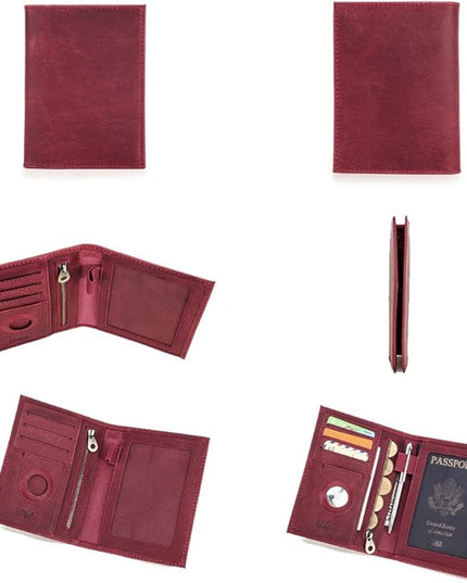 CONTACTS Full Grain Leather Passport Holder RFID Blocking Travel Passport Wallet Compatible with Airtag Passport Cover Case with 4 Cards Slots, Coin Pocket (Wine Red)