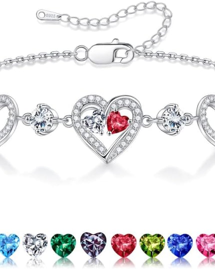 Iefil Valentines Day Gifts for Her - 925 Sterling Silver Heart Birthstone Bracelet Birthday Anniversary Jewelry Gifts for Her Wife