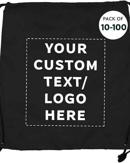 DISCOUNT PROMOS Custom Classic Polyester Drawstring Bagpack Set of 10/50/100, Personalized Bulk Pack - Great for Travelling, Gym and for Everyday Use - Black