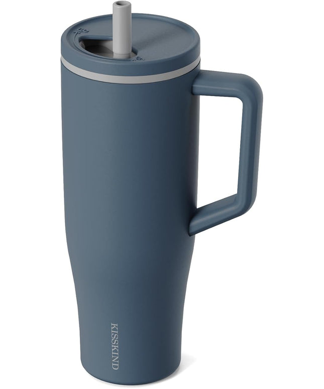 KISSKIND 40 oz Tumbler with Handle and Straw | Lumi Spin Hidden Straw 100% Leakproof Insulated Tumbler | Stainless Steel Water Bottle for Mom, Nurse, Teacher | Blue