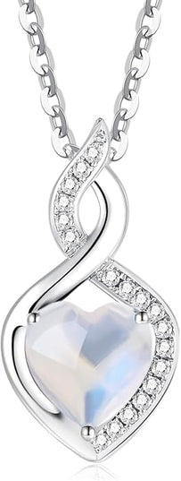 FANCIME 14K Solid White Gold Heart Birthstone Necklace with Diamond Pendent Birthday Gifts for Mom Women, Sterling Silver Chain 16" + 2" Extender