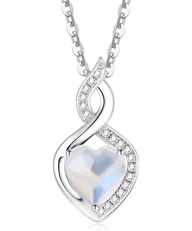 FANCIME 14K Solid White Gold Heart Birthstone Necklace with Diamond Pendent Birthday Gifts for Mom Women, Sterling Silver Chain 16" + 2" Extender